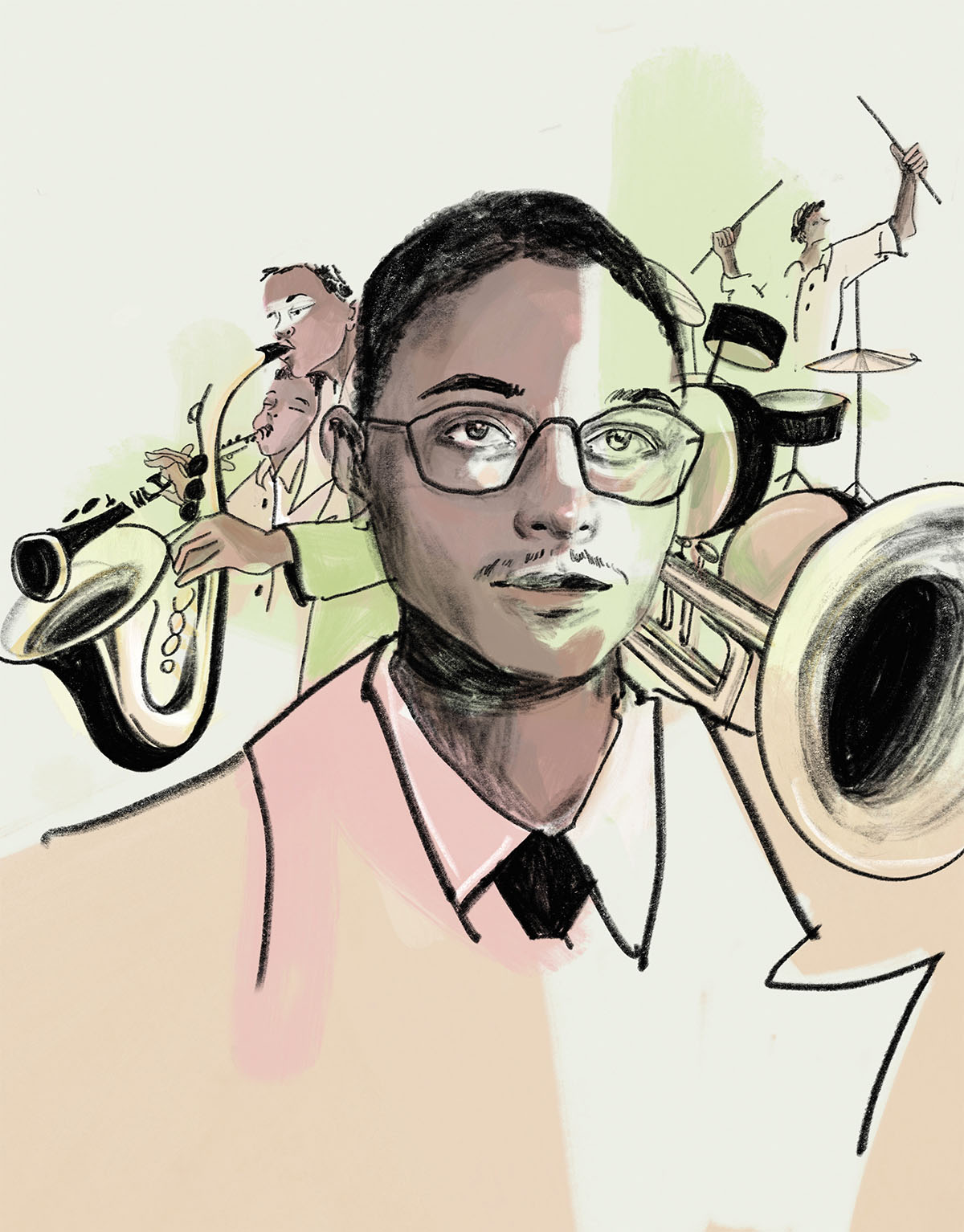 An illustration showing a young man surrounded by trumpets, saxophones and drums
