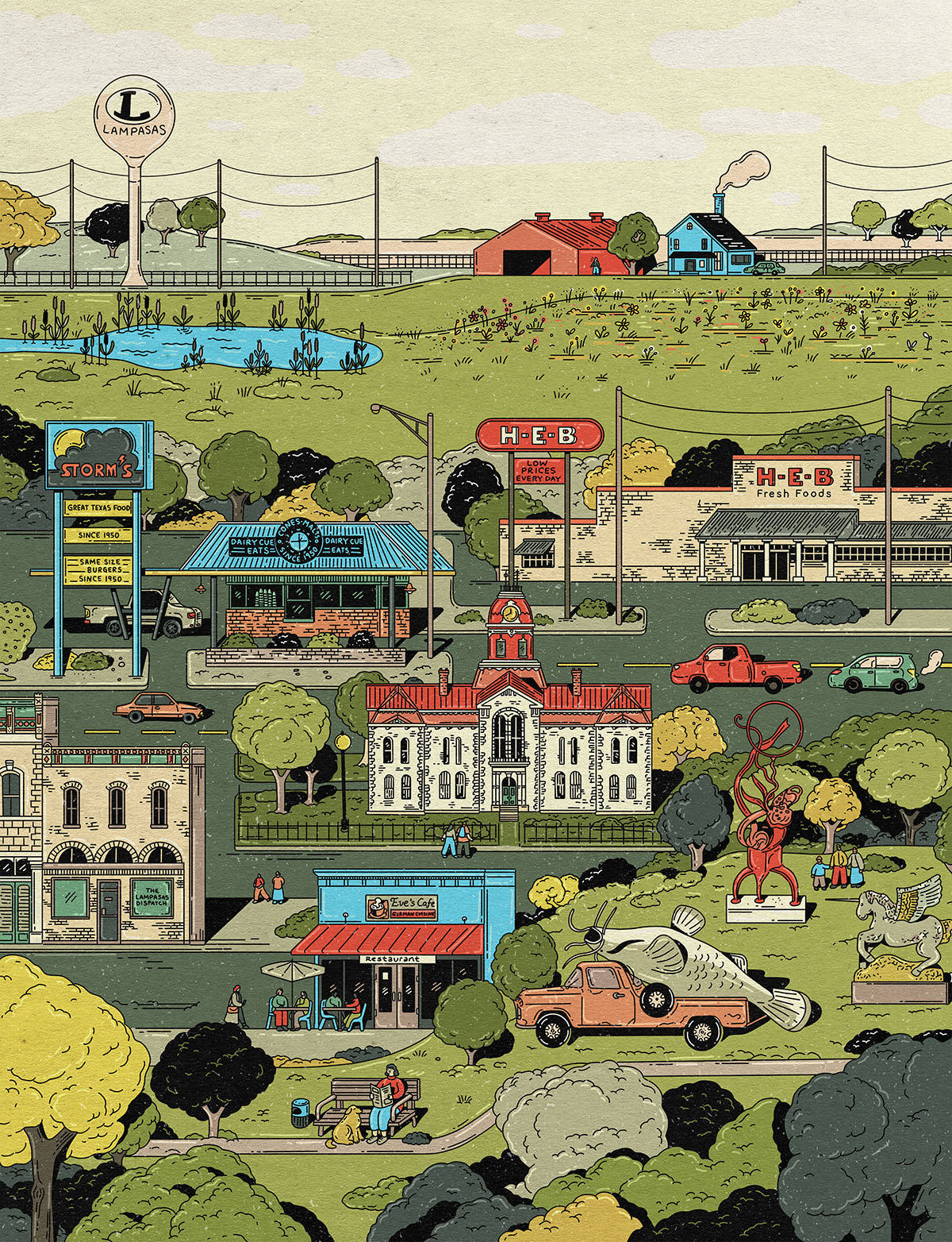 An illustration showing different scenes of Lampasas, including a courthouse, H-E-B, Shark's burger, water tower and more