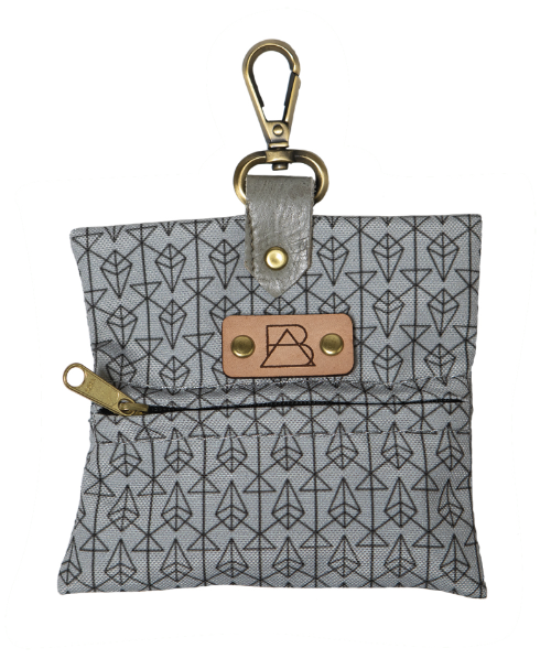 A small, ornately decorated pouch with gray fabric and a dark gray pattern