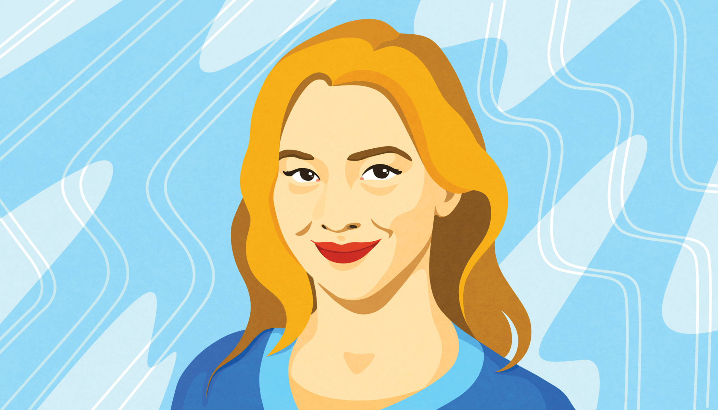 An illustration of a golden-haired woman with red lipstick on a blue background