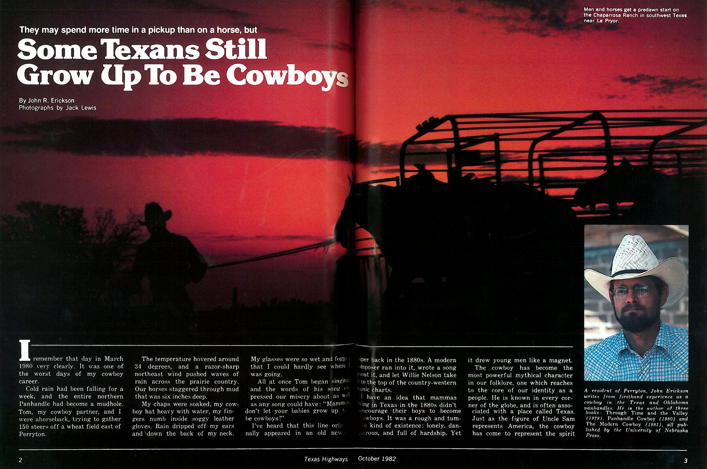 A scanned magazine spread with the headline "Some Texans Still Grow Up to be Cowboys" written by John Erickson