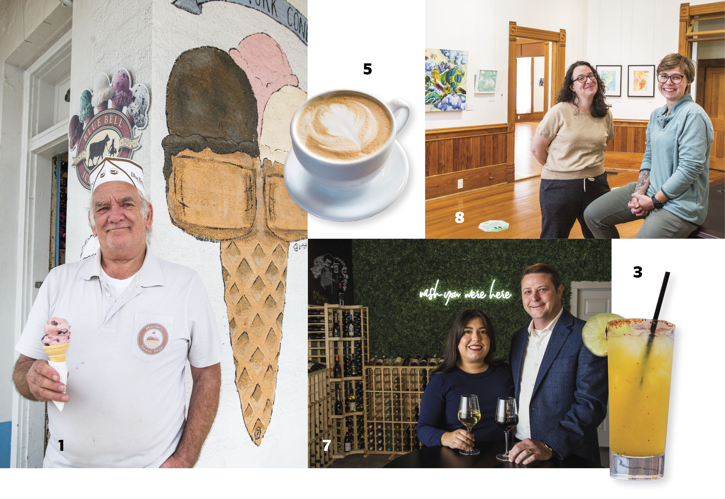 A collection of images described below, including a man holding an ice cream cone, a carefully poured latte in a white mug, a woman smiling in an art gallery, and a bright orange cocktail garnished with lime