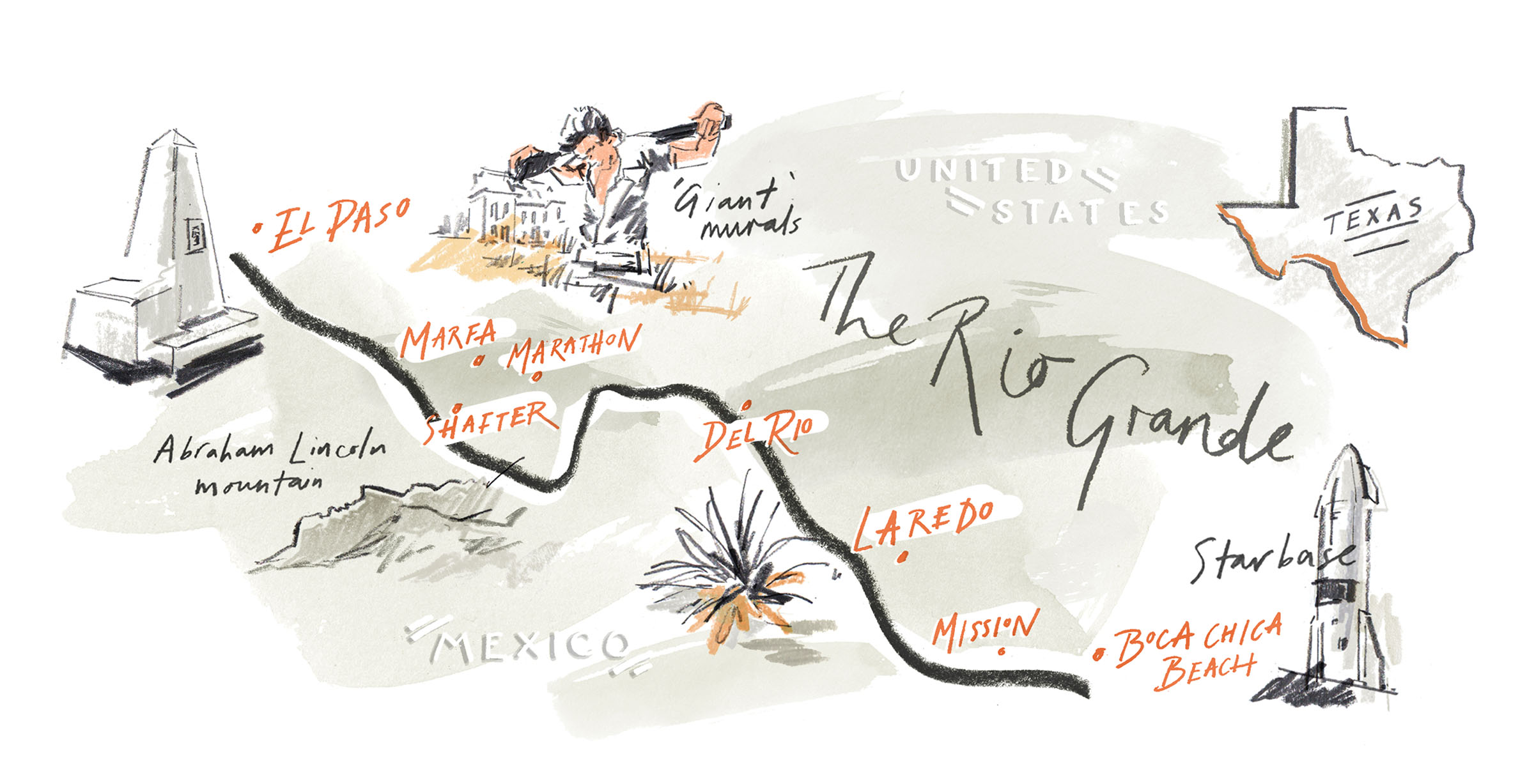 A map showing the author's route, highlighting the cities of El Paso, Marfa, Marathon, Shafter, Del Rio, Lardeo, Mission and Boca Chica