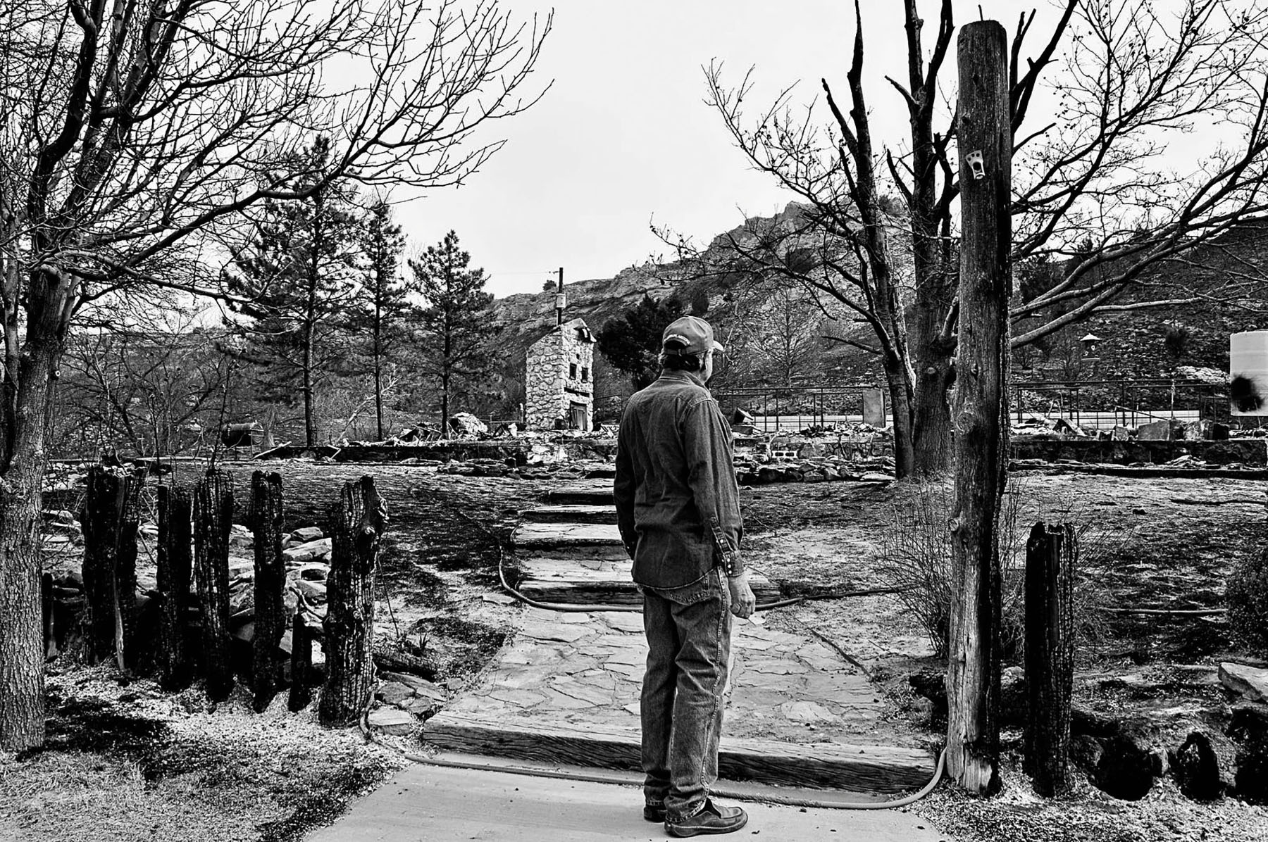 A man stands at the end of a walkway next to scorched trees assessing damage in this black and white photograph