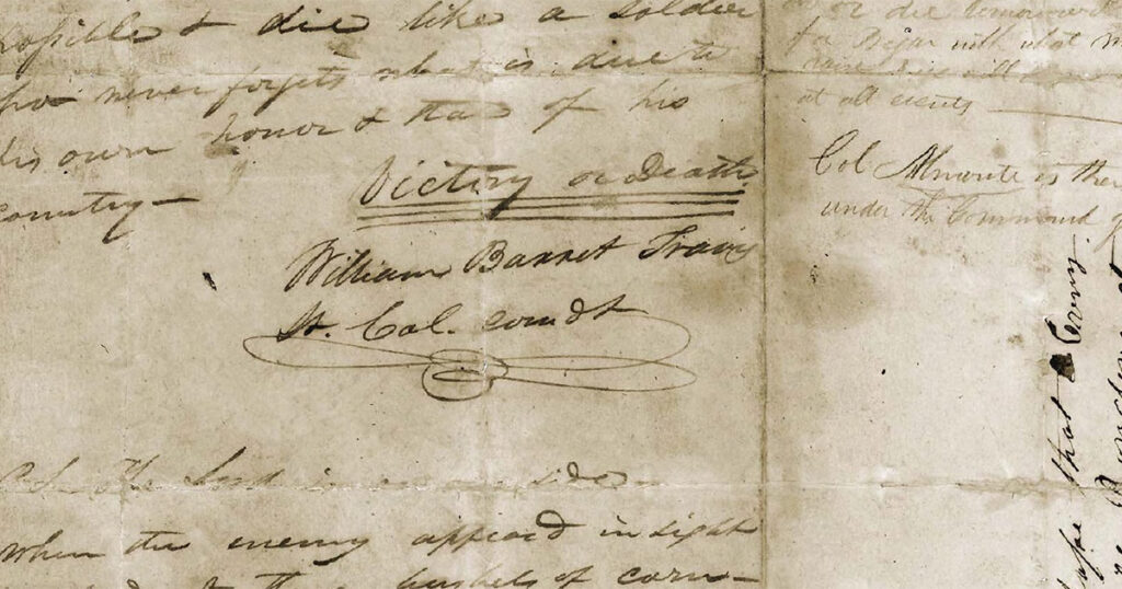 An image of the Travis letter reading "Victory or death" underlined three times