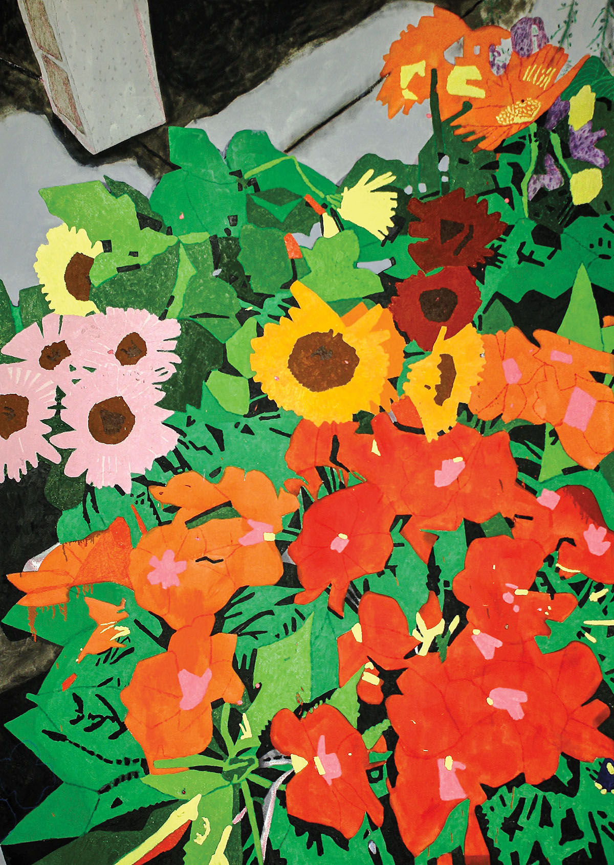 A brightly colored oil painting of red, orange and pink flowers with green stems