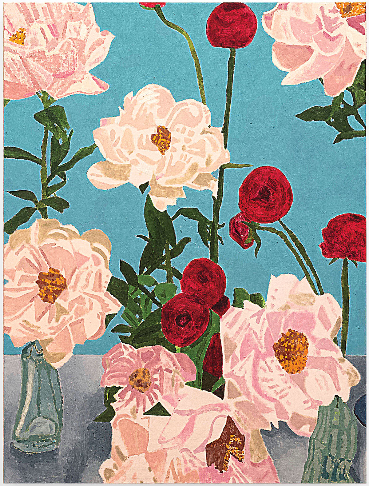 An oil painting of a collection of pink and red flowers in vases on a blue background