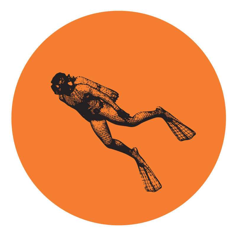 An illustration of a scuba diver on an orange background