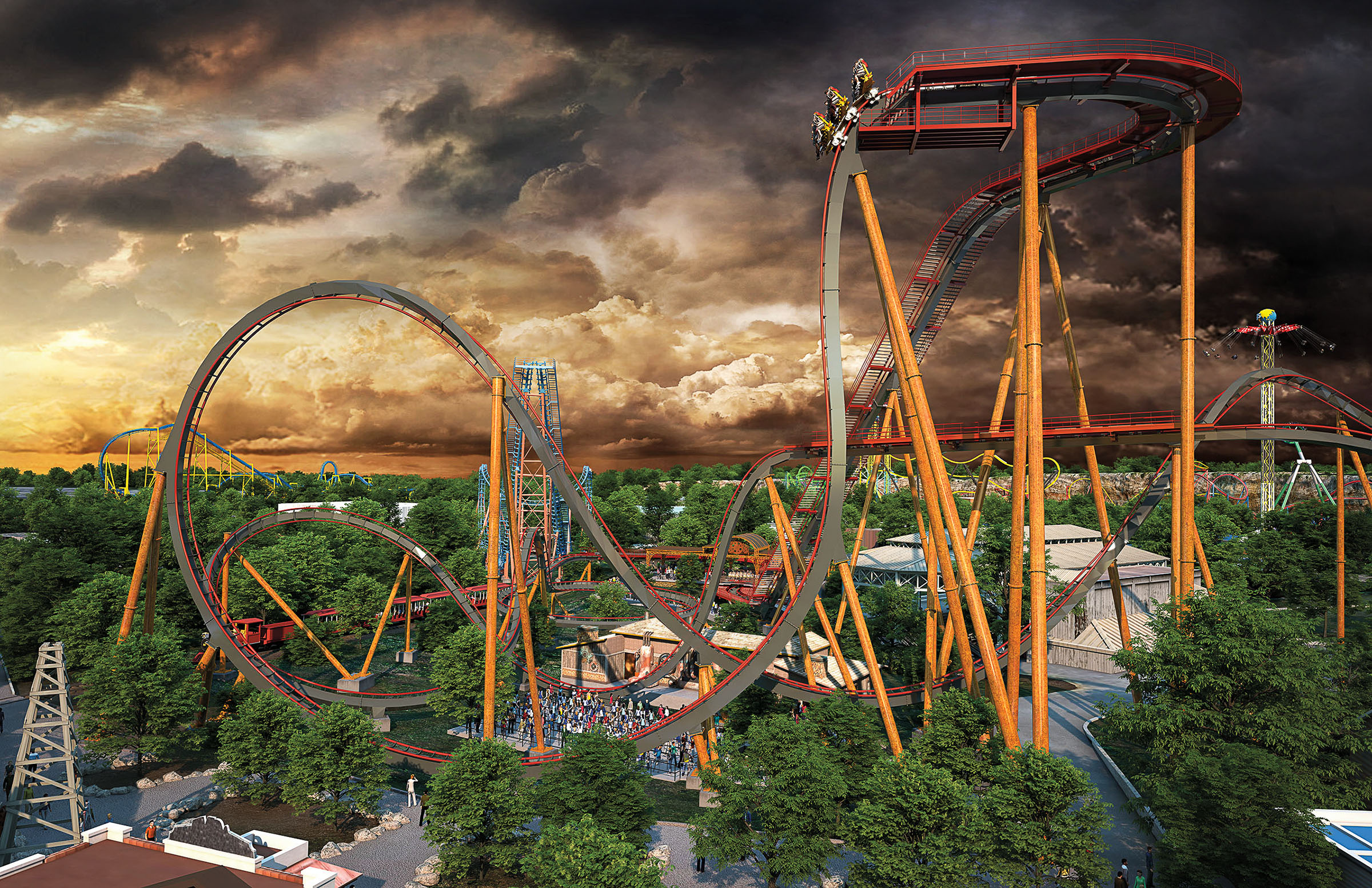 An artistic rendering of a very tall roller coaster with yellow support beams, under a dark and forboeding sky