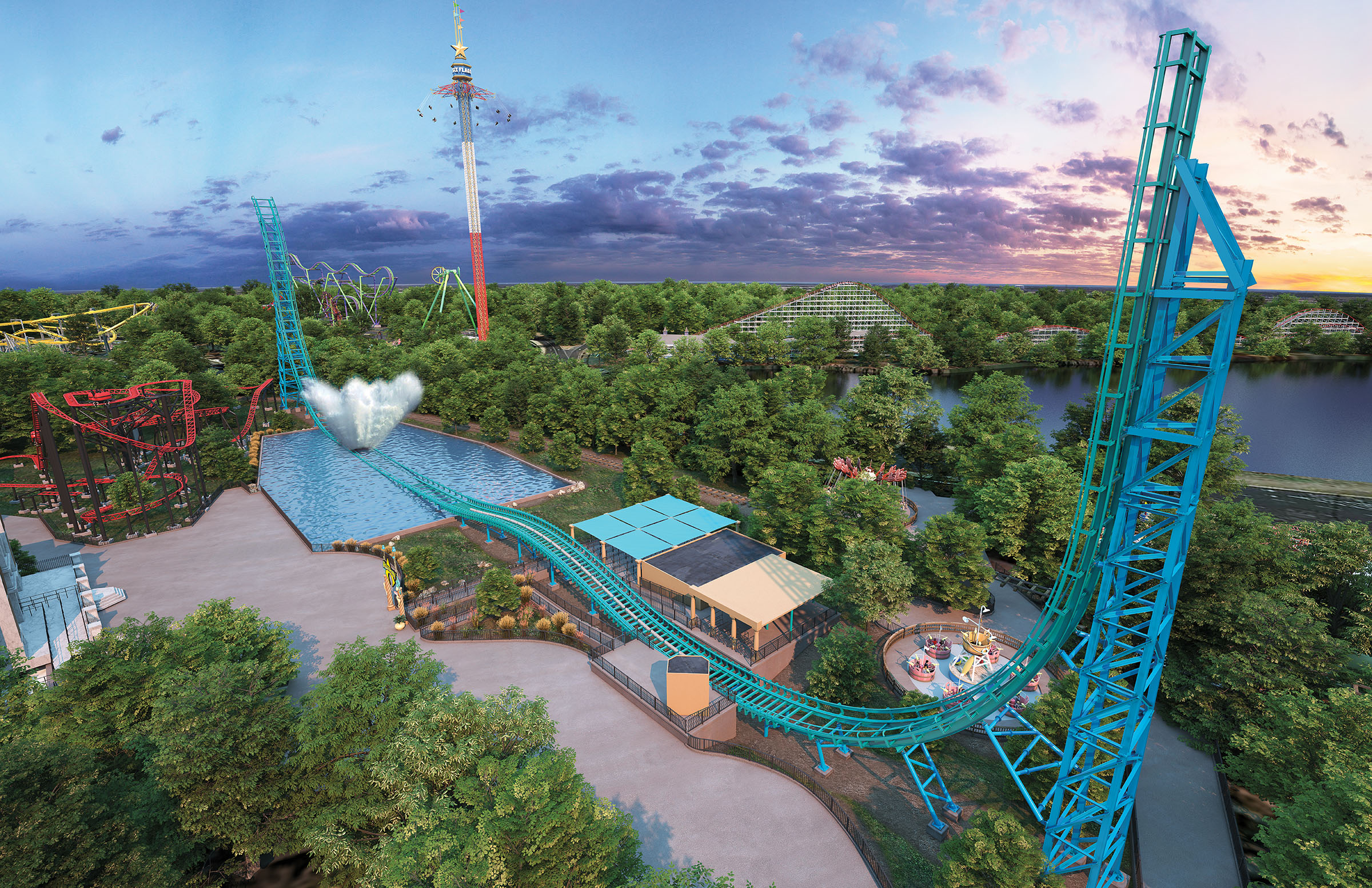 A photo of a very tall, bright blue roller coaster above green trees