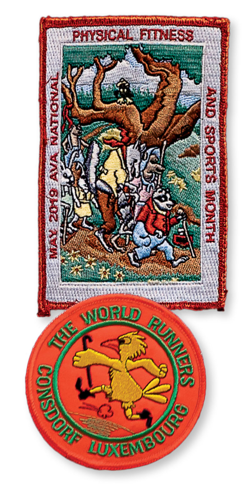 A picture of two brightly-colored sewn patches, one reading 