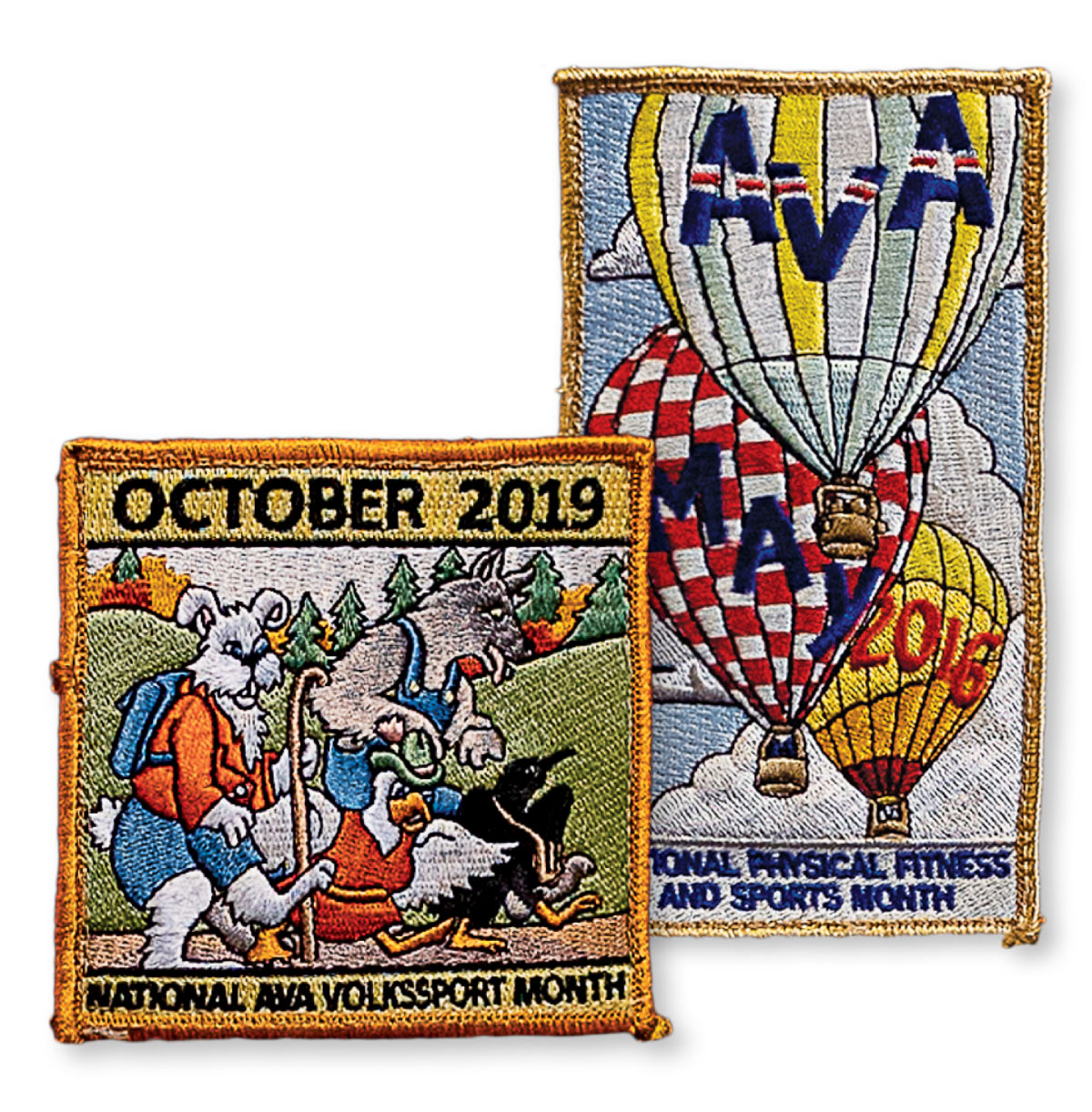 A picture of two Volksport patches, one reading "October 2019 - National Volksport Month" and a second reading "AVA National Fitness and Sports Month"