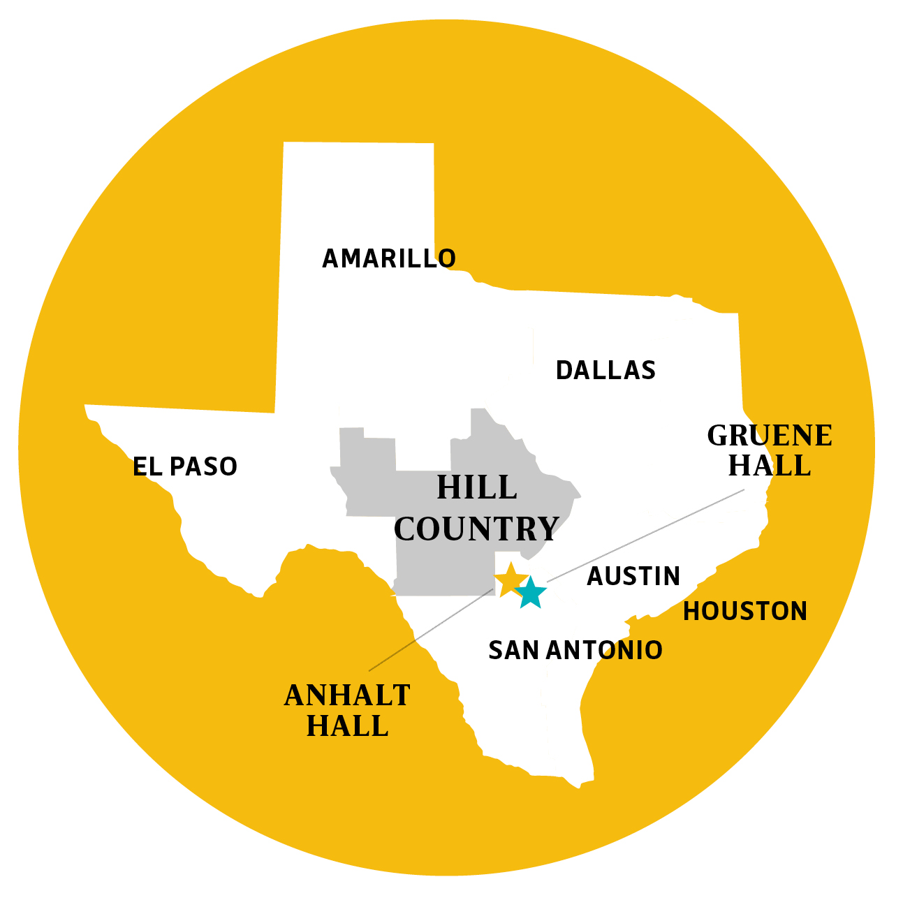 A map showing the location of Anhalt and Gruene Halls in the Hill Country