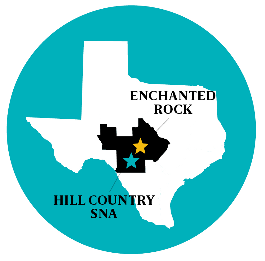 A map showing the location of Hill Country State Natural Area and Enchanted Rock