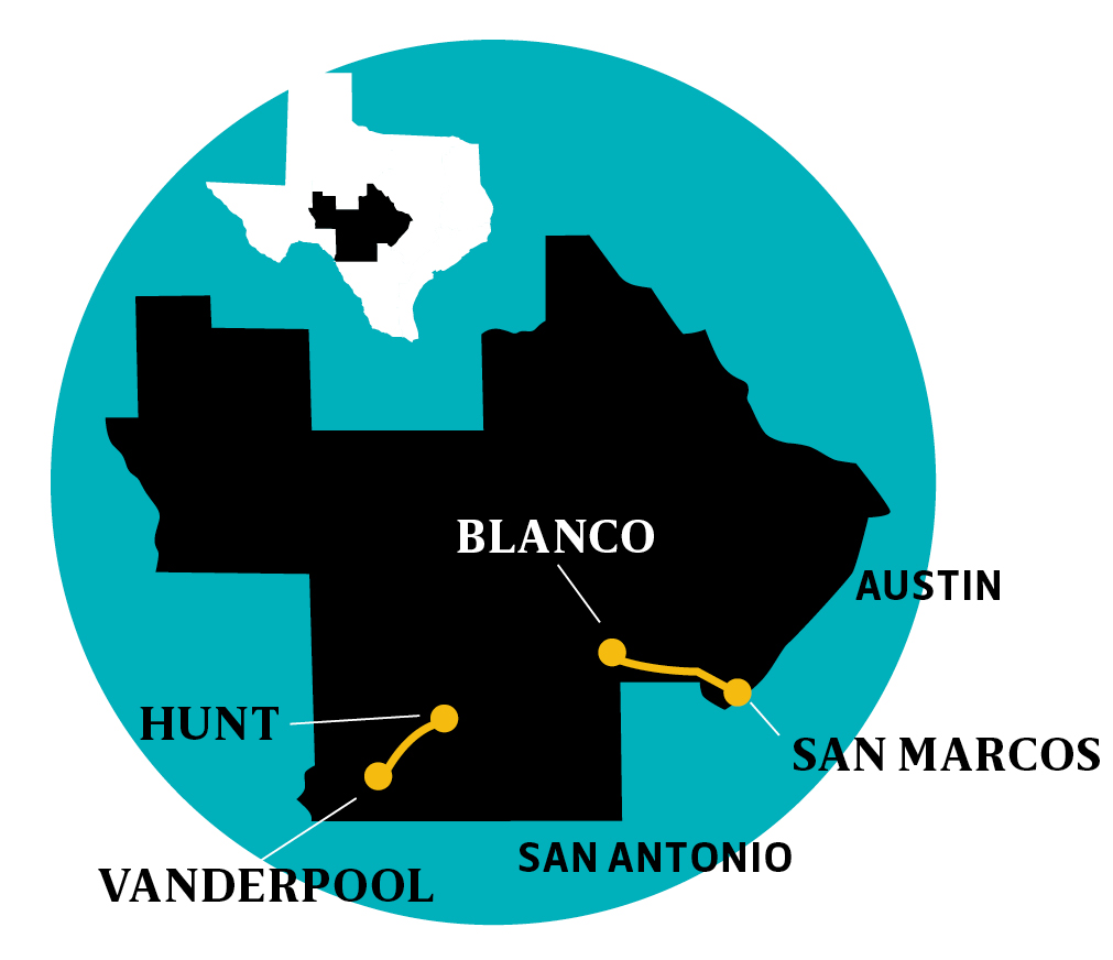 A map showing scenic drives in the Texas hill country