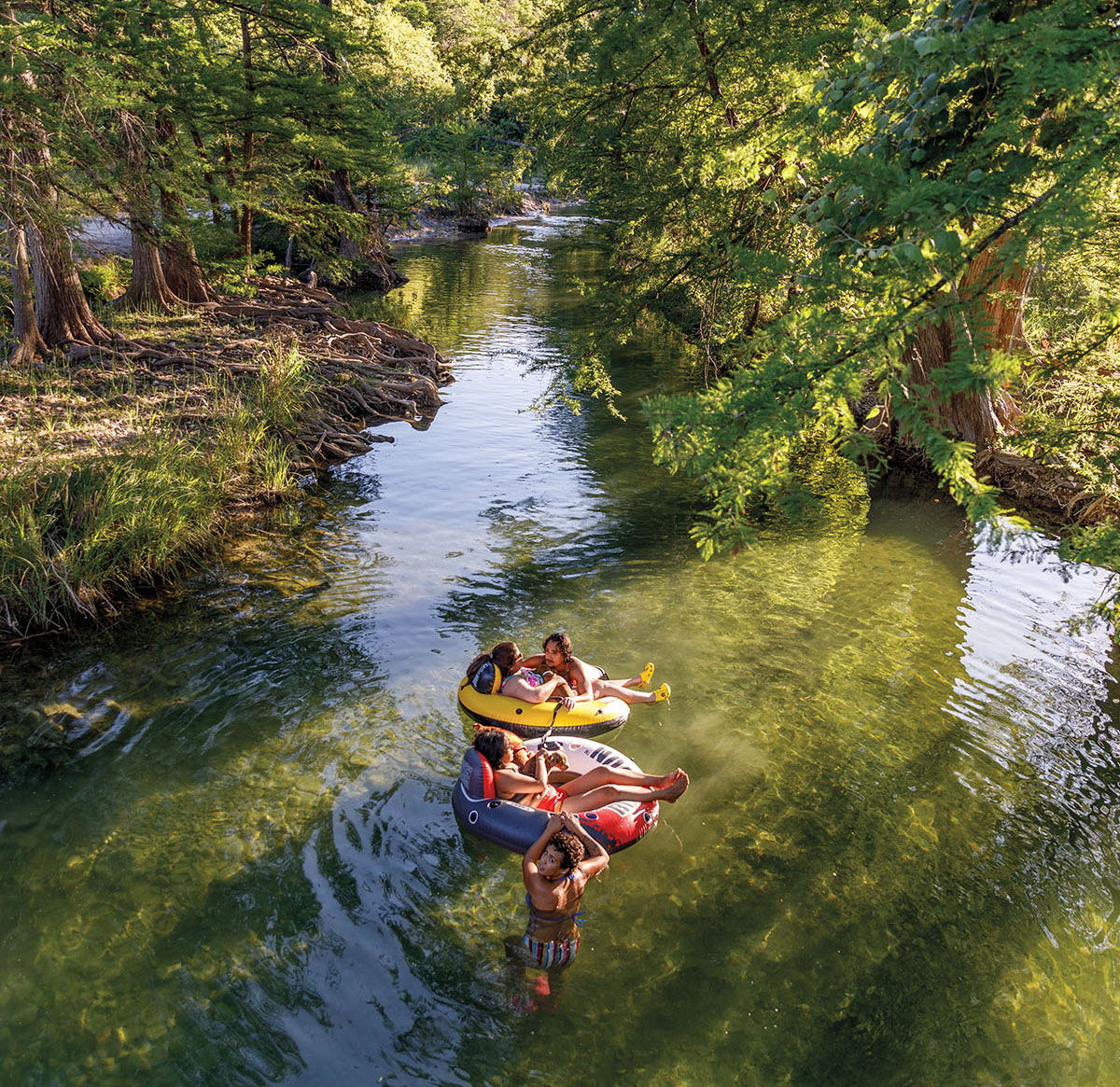 A picture of people tubing in the Medina river under green trees