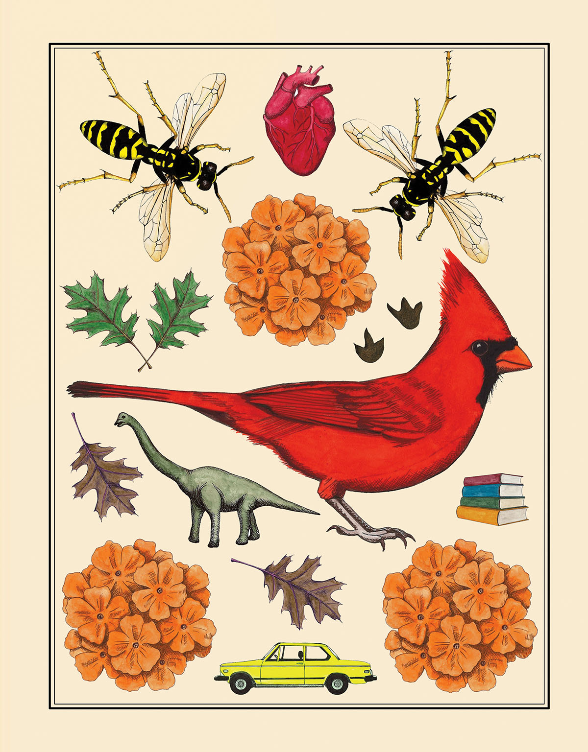 An illustration showing various animals like a cardinal, bees, flowers, and a dinosaur