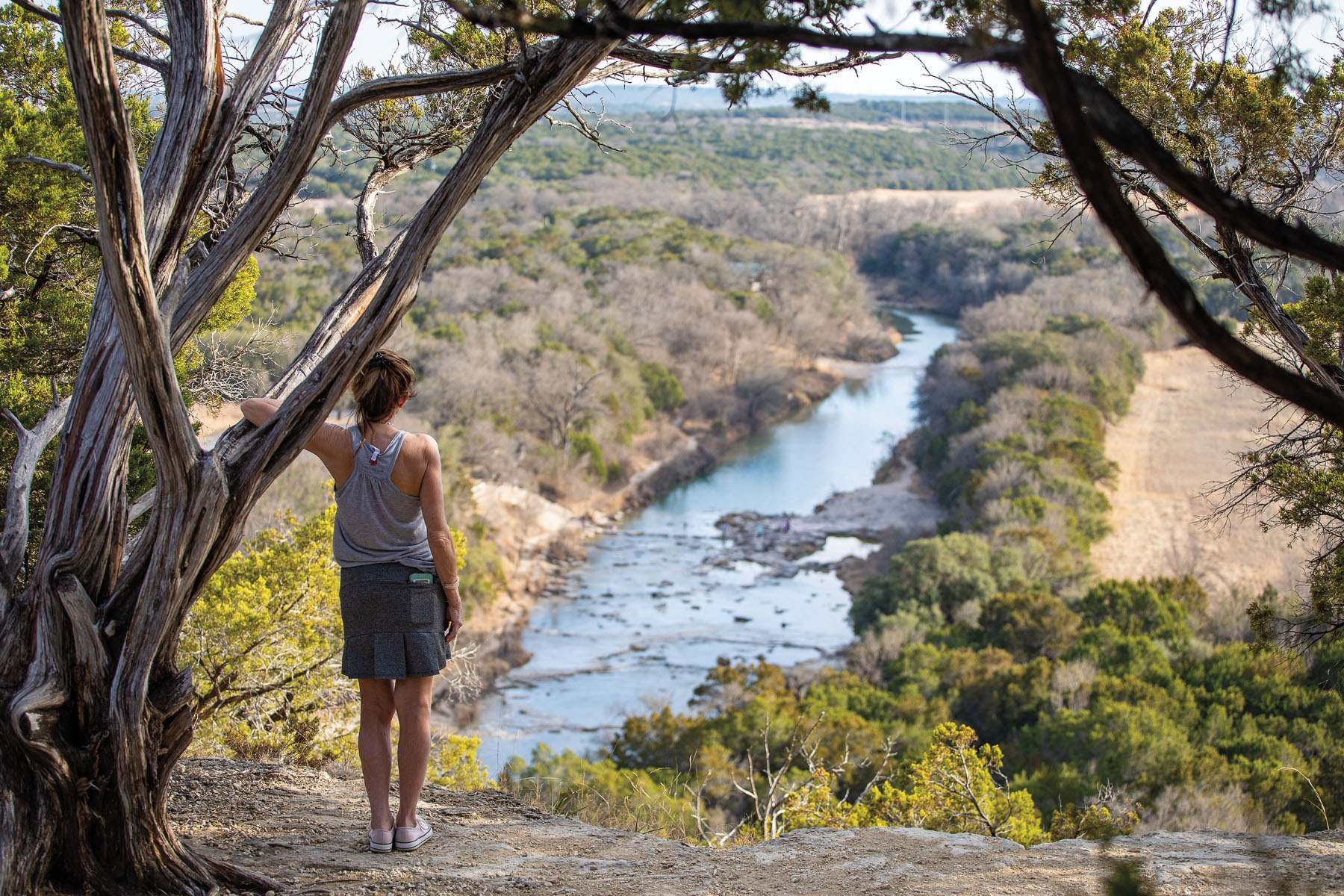 A person leans on a tree overlooking a river cutting through a hilly green landscape