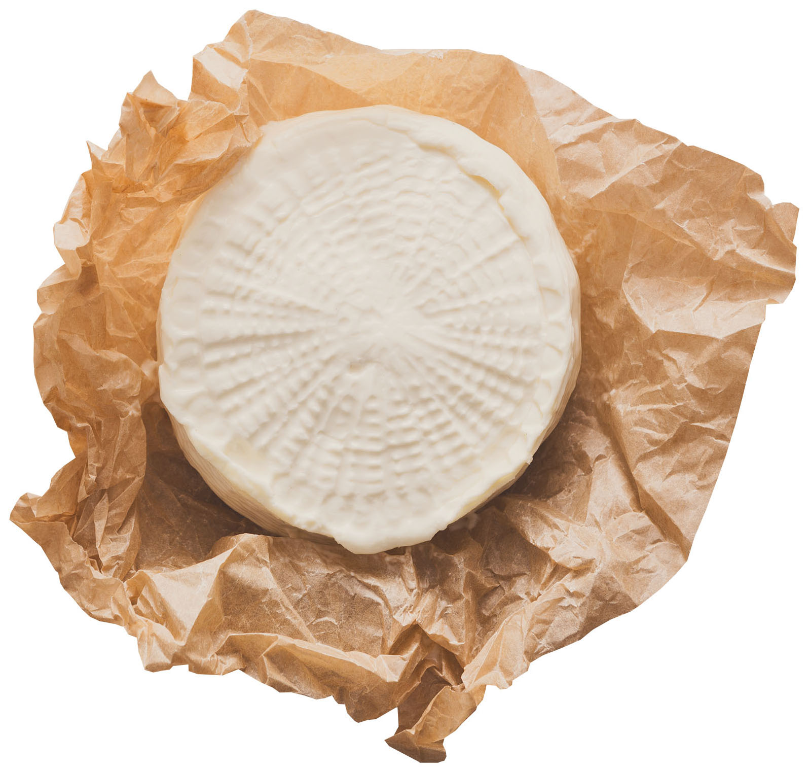 A circle of goat cheese wrapped in brown paper