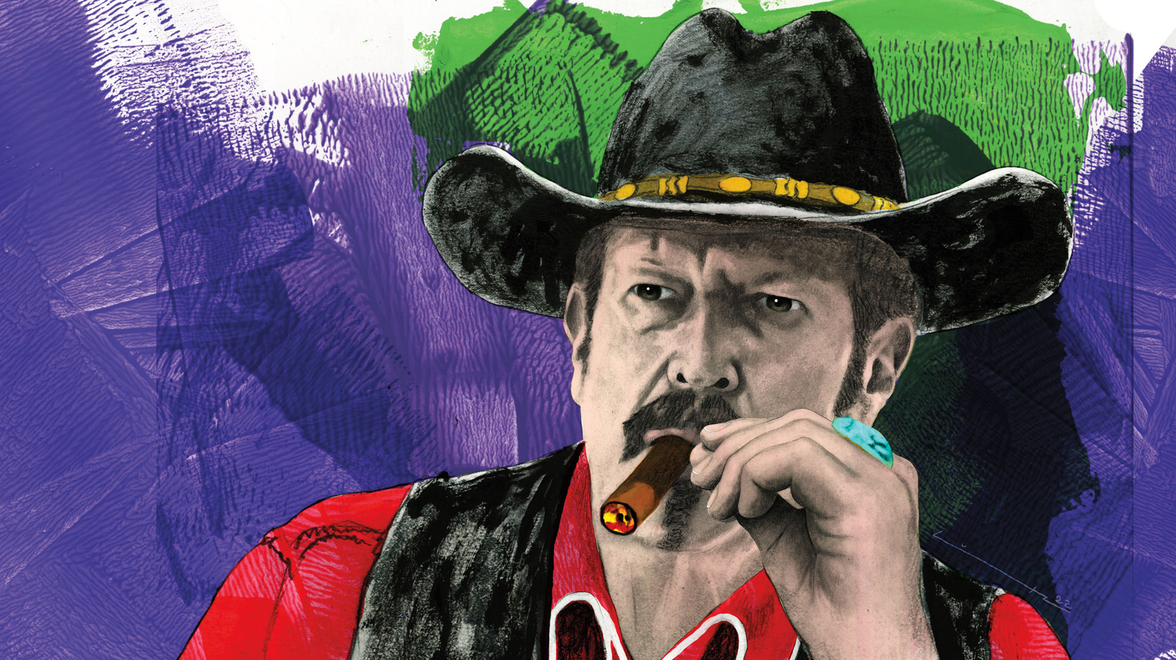 An illustration of a man in a black cowboy hat smoking a cigar