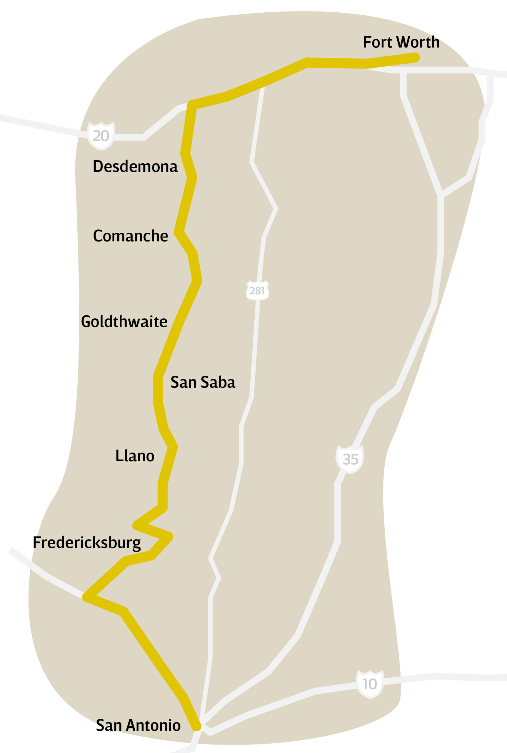 A map showing the alt route south from Fort Worth to San Antonio