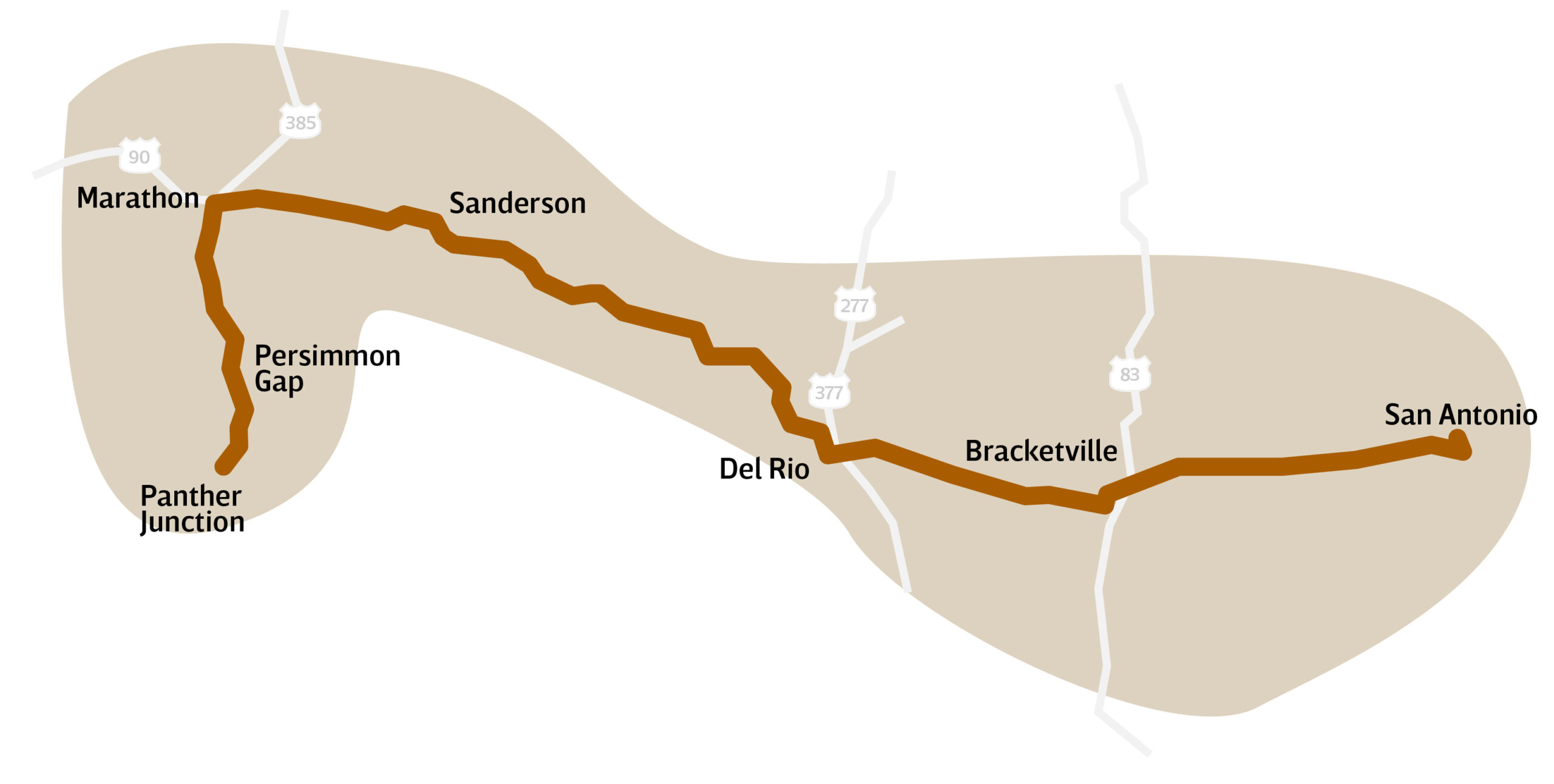 A map showing the alternate route to Big Bend via US-90