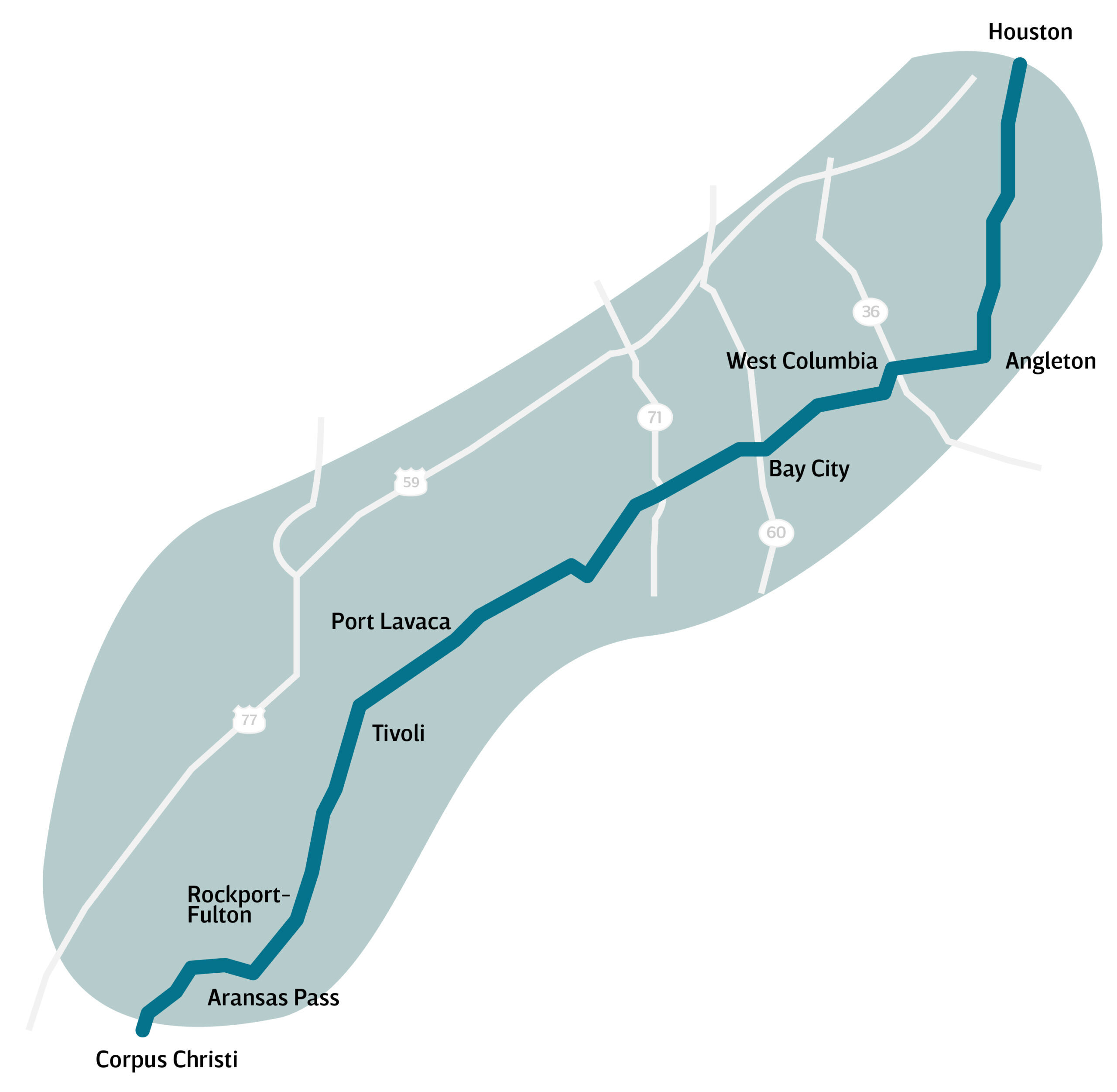 A map of the stops along the gulf coast highway road trip