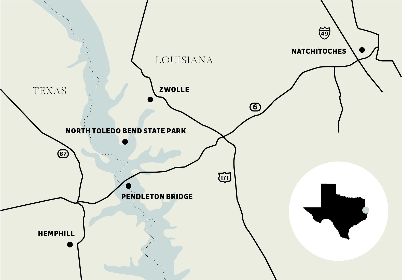 A map identifying several places in this story including Hemphill, Pendleton Bridge, North Toledo Bend State Park, and Zwolle