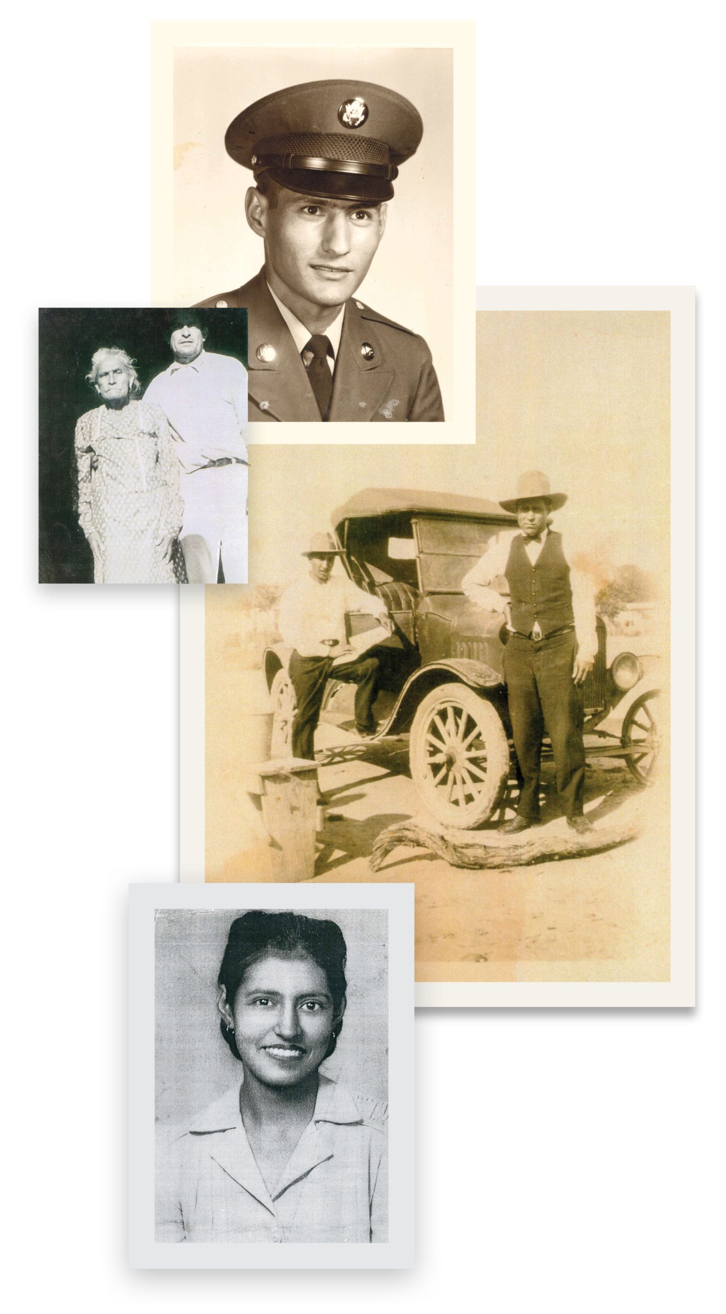 A collection of sepia-tone and black and white photographs of a man, two people in front of a vintage car, a woman, and a couple