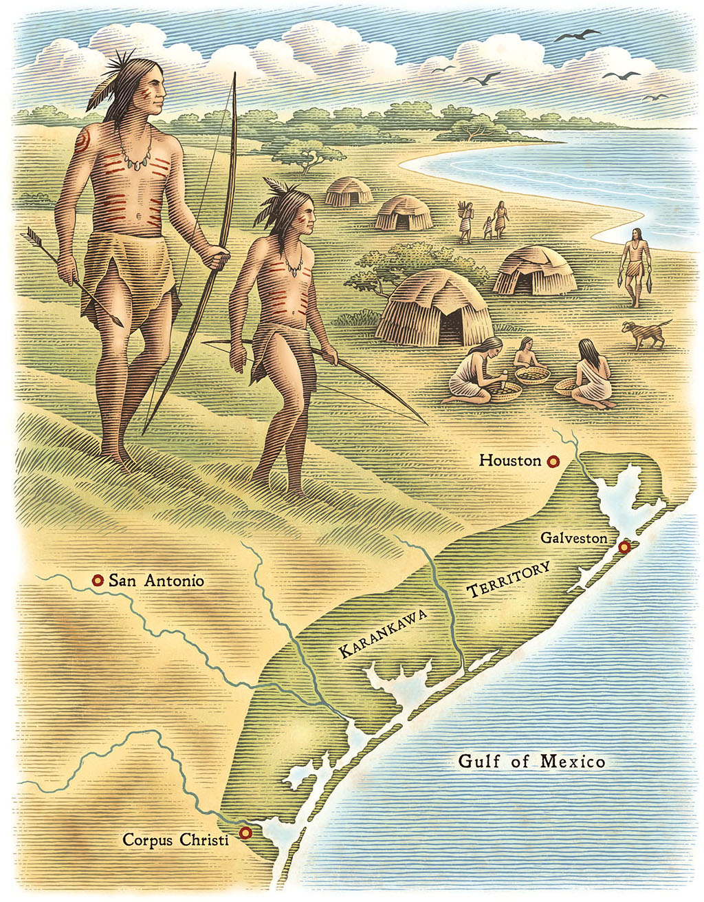 A map showing Karankawa native americans, their homes, and their territory overlaid on modern-day Texas