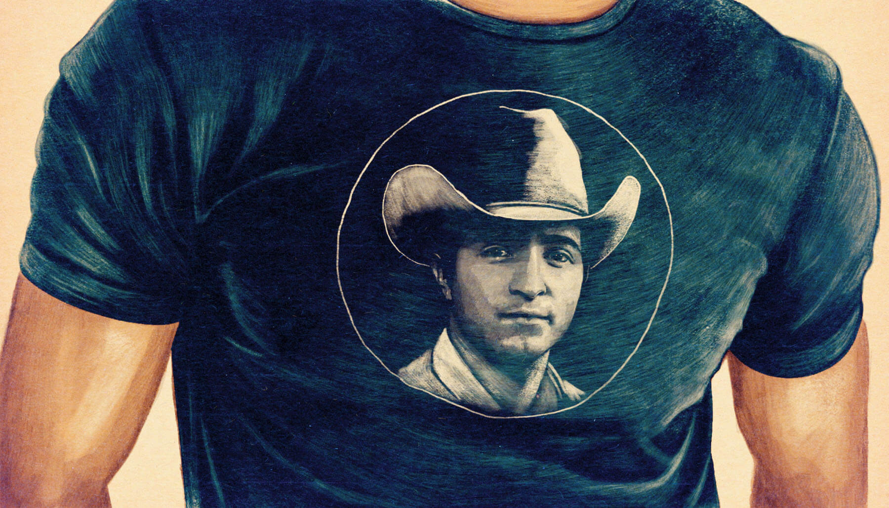 An illustration of a man wearing a t-shirt with a man's face in a cowboy hat