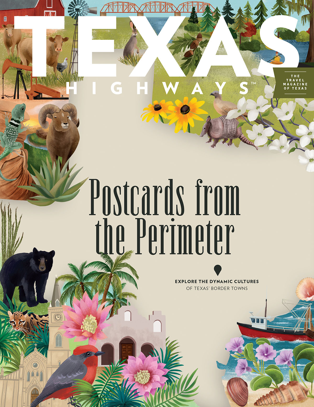 The June 2022 cover of Texas Highways Magazine, featuring an illustration of Texas objects and the text "Postcards from the Perimeter"