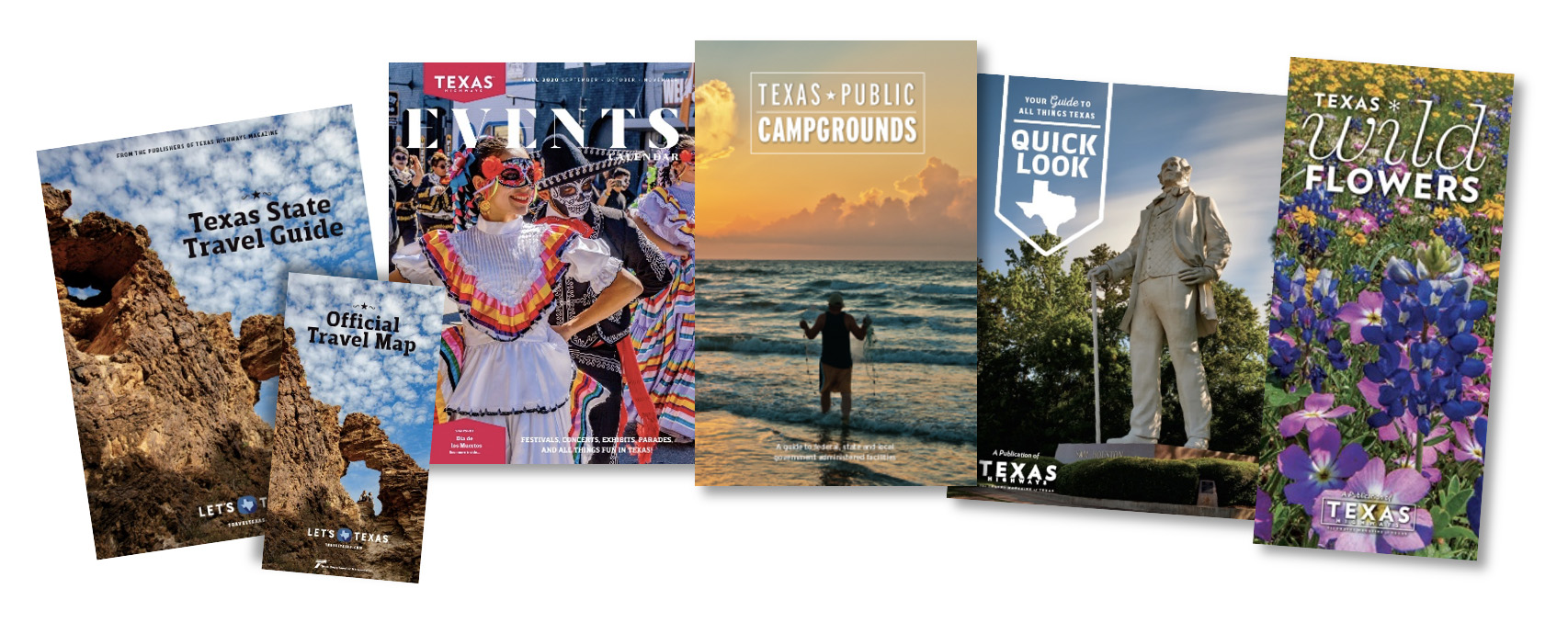 A collection of free travel literature offered by the Texas Department of Transportation, including a travel guide and map, Events calendar, campground guide, and wildflower guide