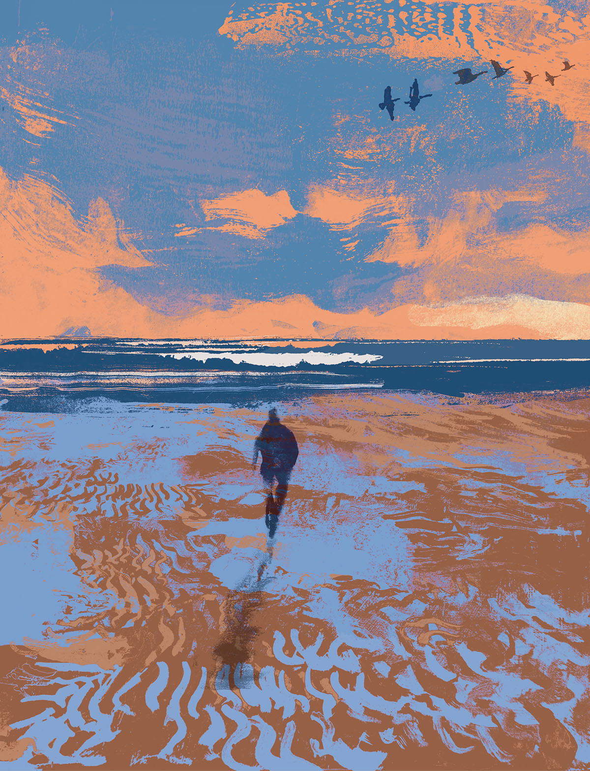 An illustration of a lone figure walking along a rust and blue colored sea shore under matching sky