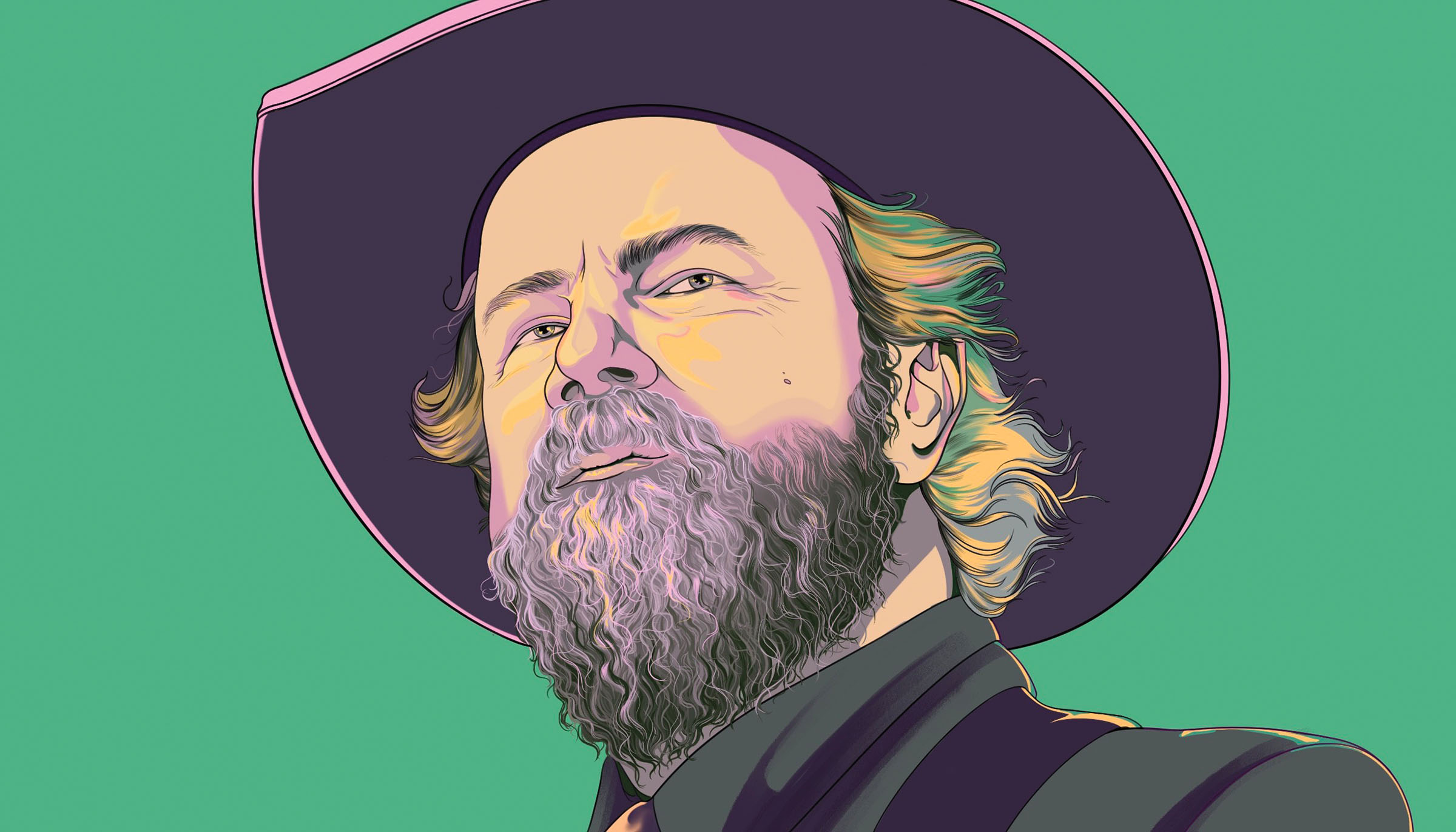 An illustration of a man in a cowboy hat with a large beard