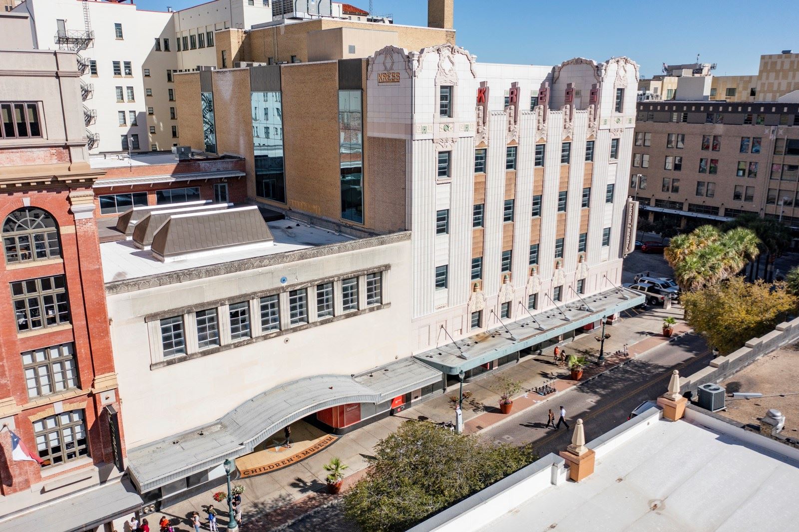 An overhead view of two buildings in downtown San Antonio