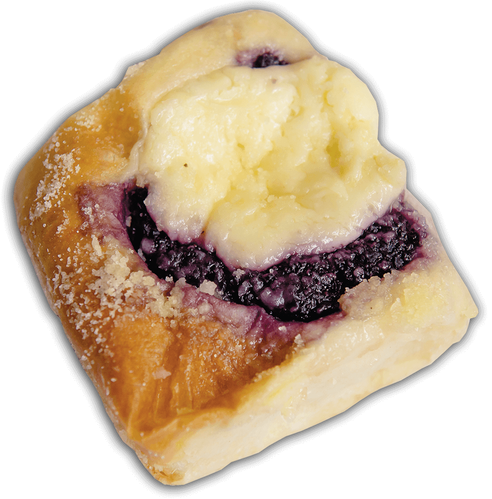 A brownish piece of cooked dough topped with dark blueberry and off-white cream cheese