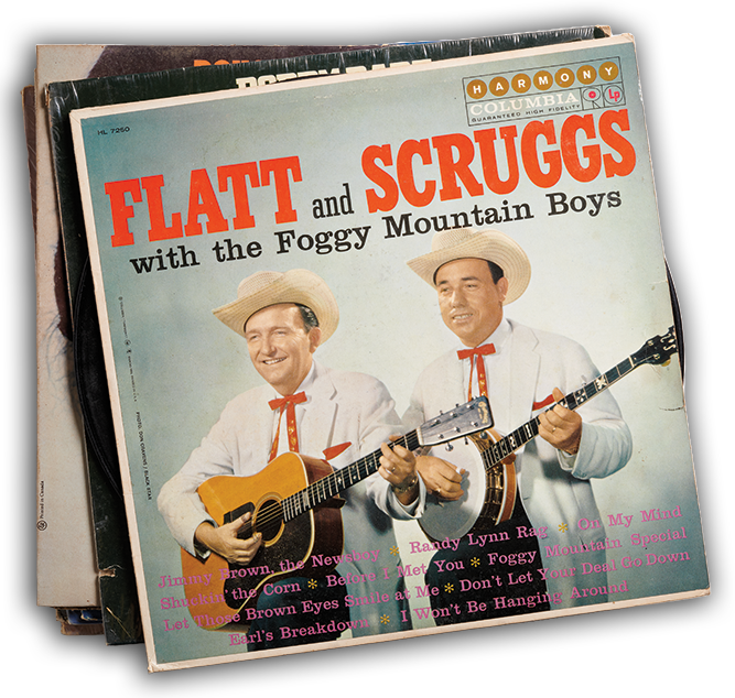 A Flatt and Scruggs record on a stack of other records