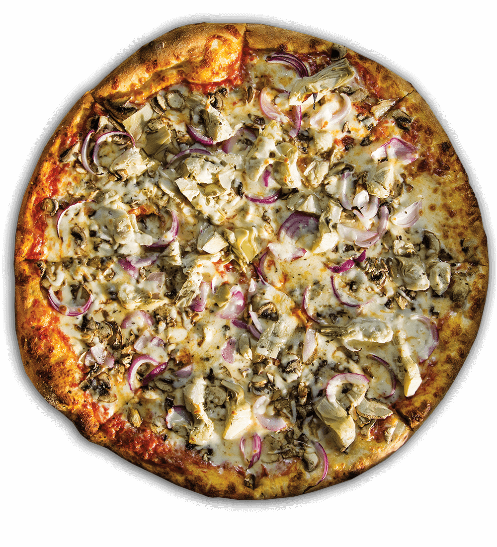 An overhead view of a pizza