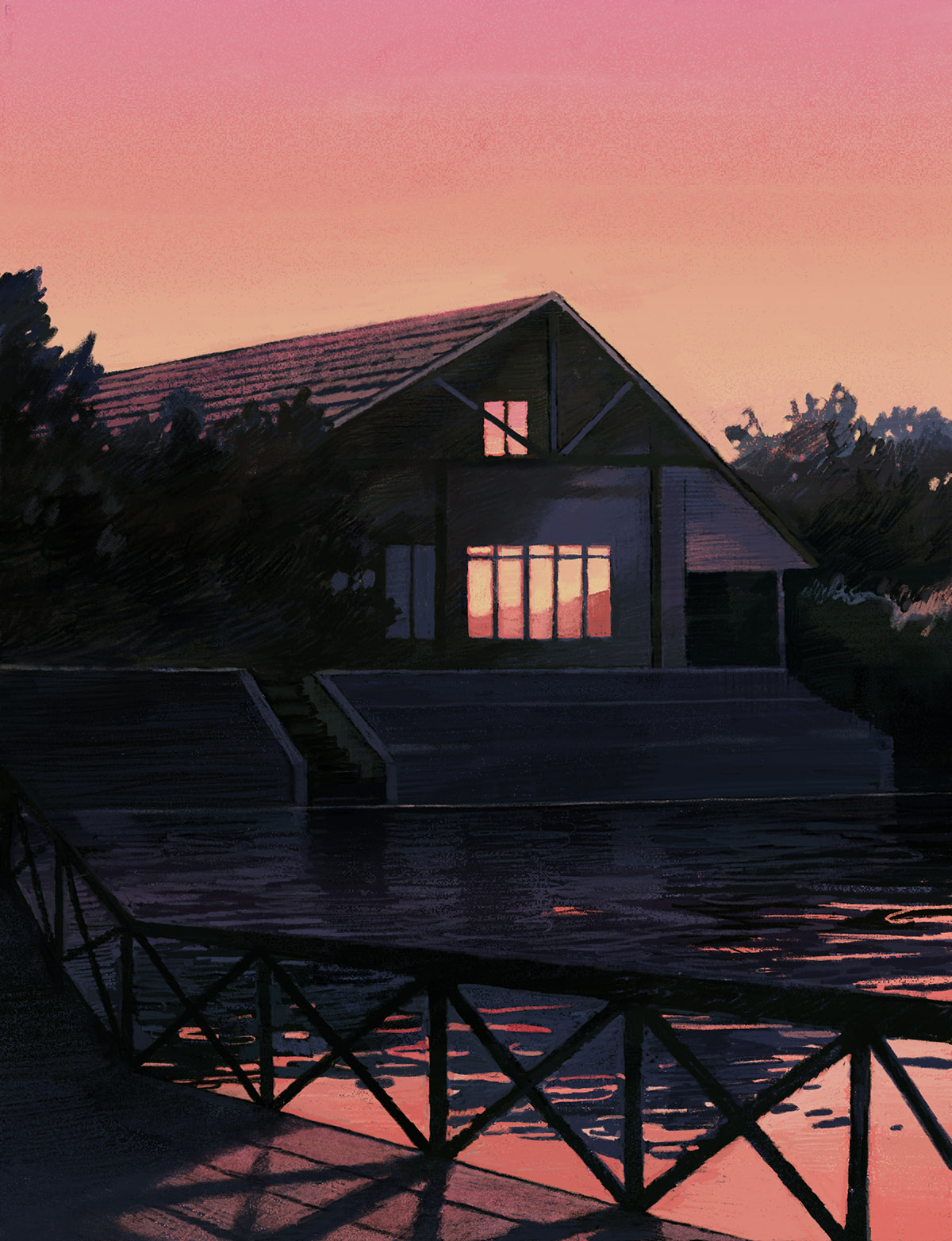 An illlustration of a cabin overlooking still water under a pink sky