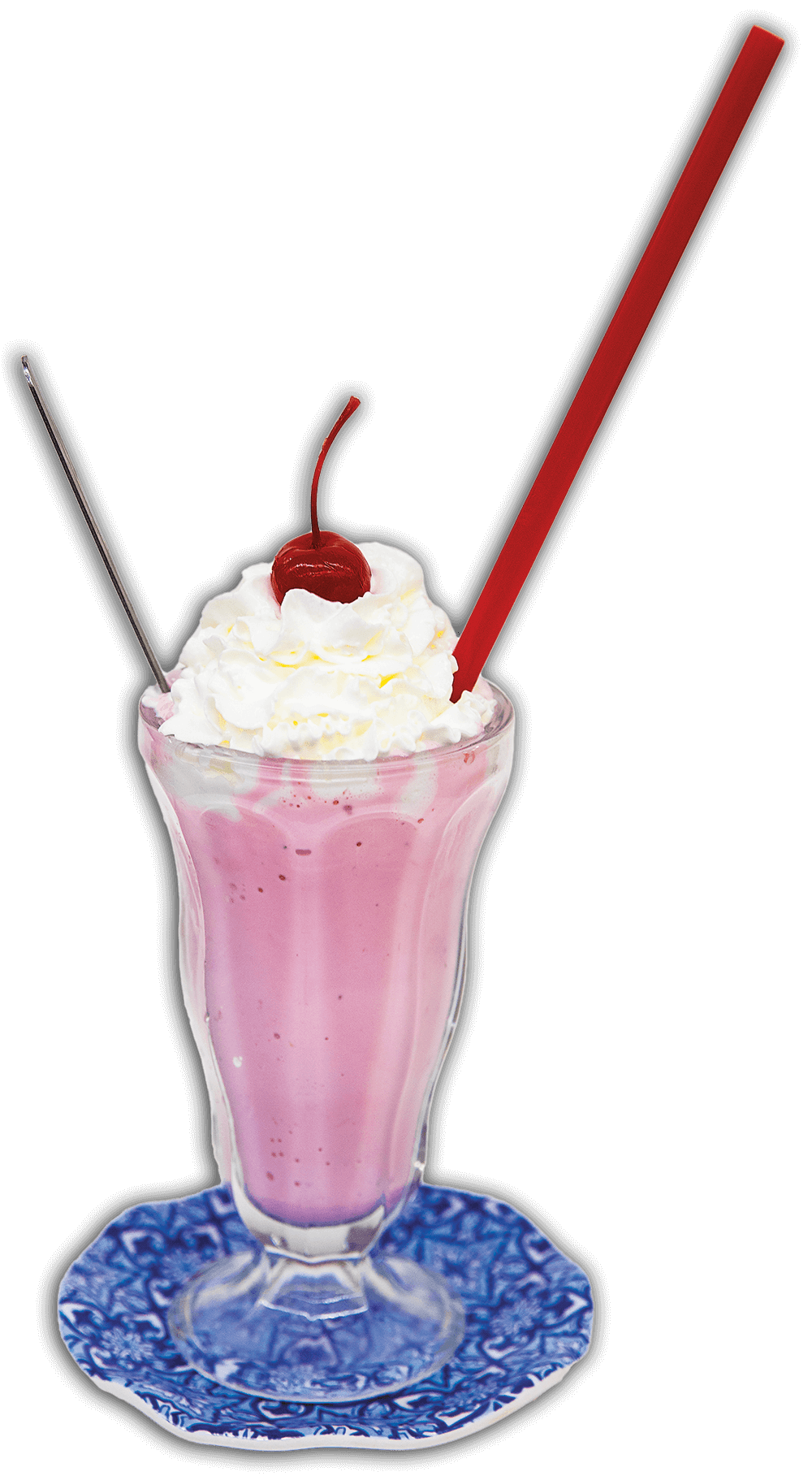 A cutout photo of a pink milkshake with whipped cream, a cherry, and a red straw