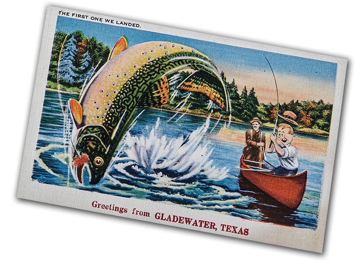 A vintage postcard of a fish jumping out of the water next to a canoe