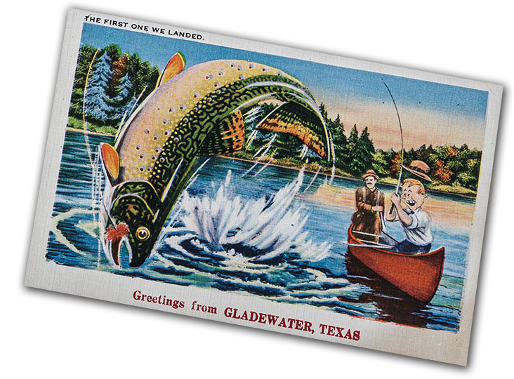 A vintage postcard of a fish jumping out of the water next to a canoe