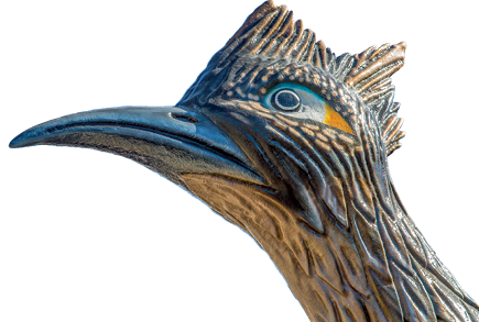 The head of a sculpture of a roadrunner