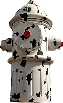A fire hydrant painted to look like a Dalmation's spots