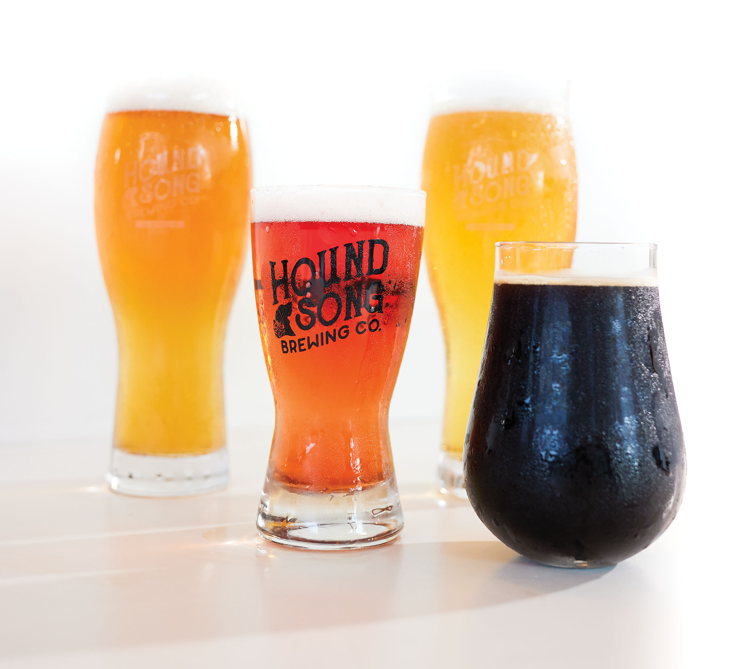 A collection of beers in glasses, one reading "Hound Song"