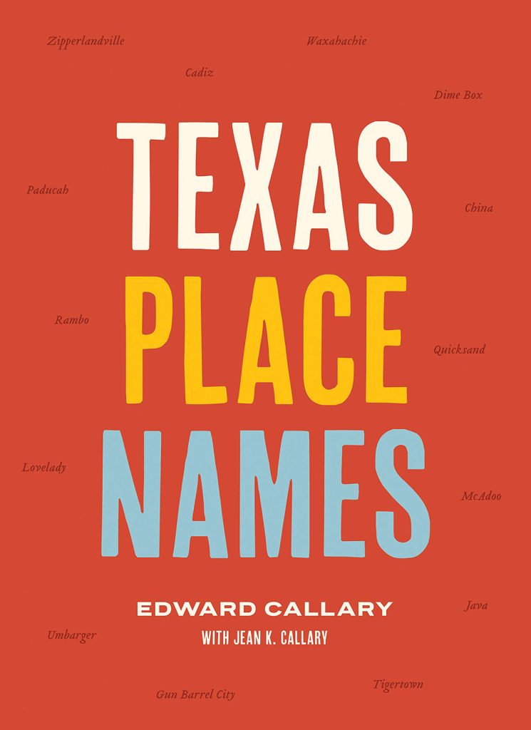 A bright red book cover with the title "Texas Place Names"