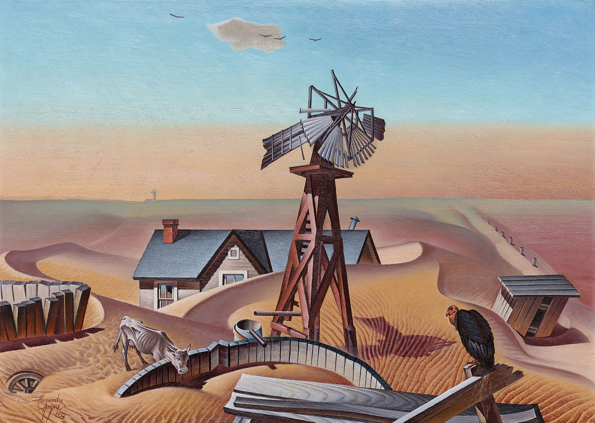 A painting of a windmill and houses on a desert landscape