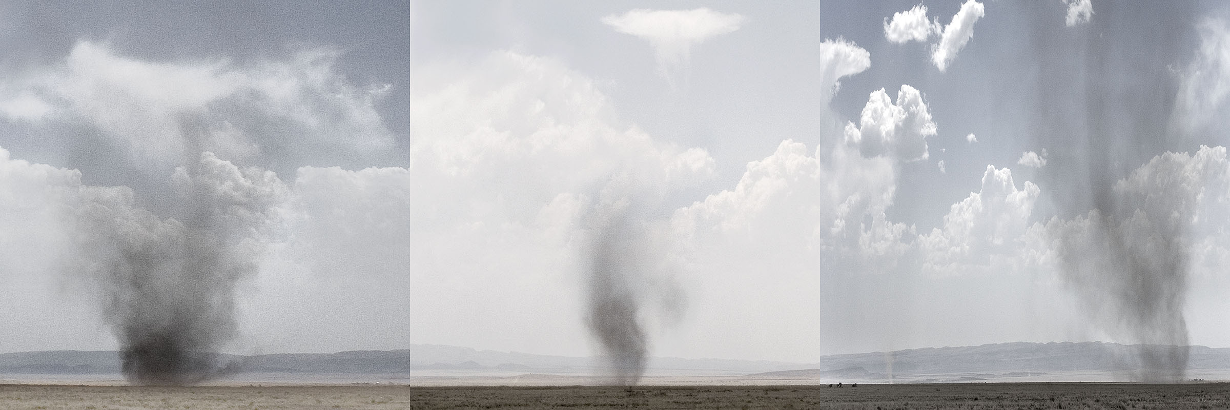 Three images of dust devils in front of a cloudy West Texas desert sky