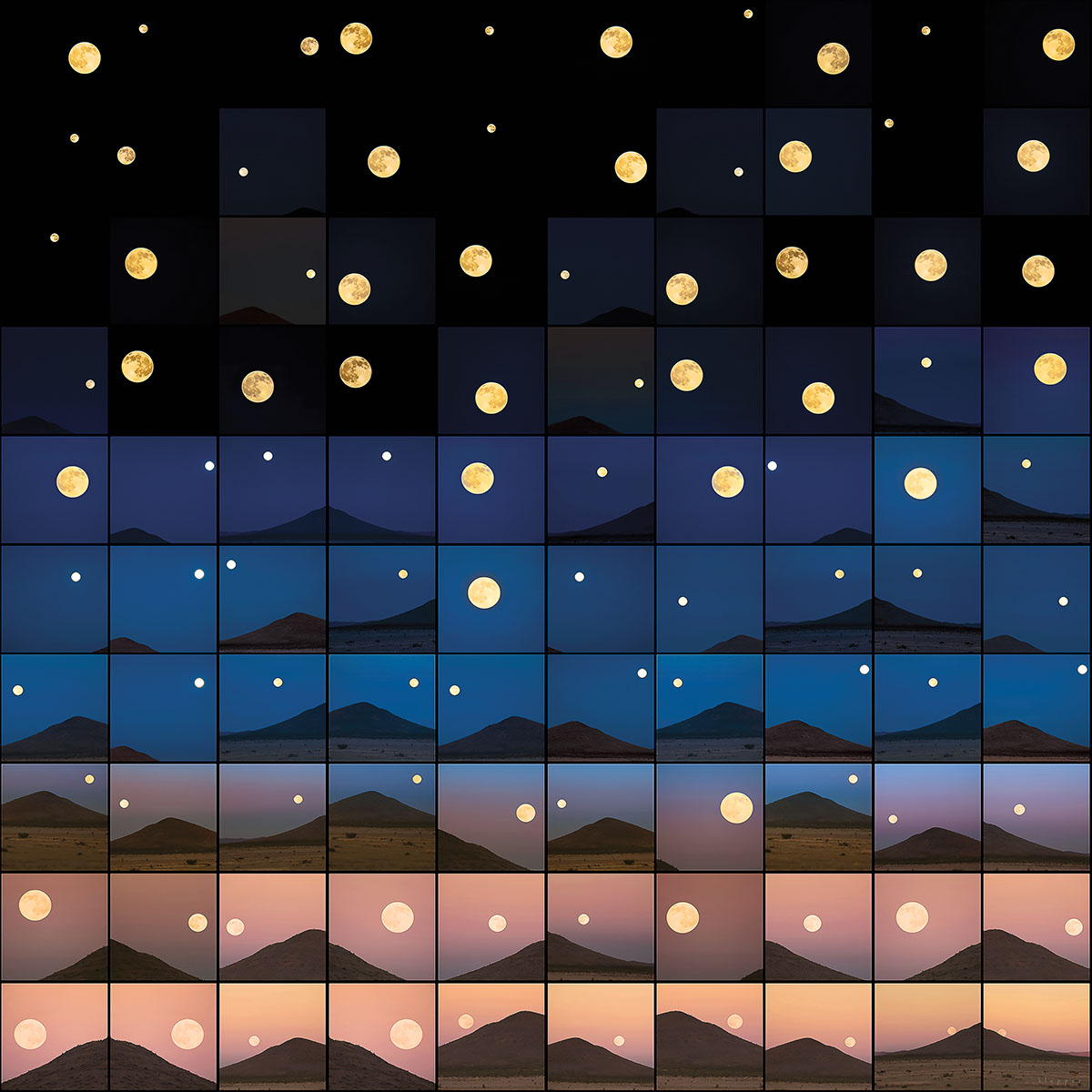 A collection of photographs of a yellow moons, on varying backgrounds ranging from a dark night sky to dusk in the Chihuahuan desert